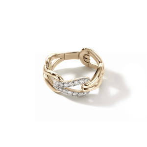 Elegant gold ring with woven design and sparkling diamonds, perfect for any occasion.