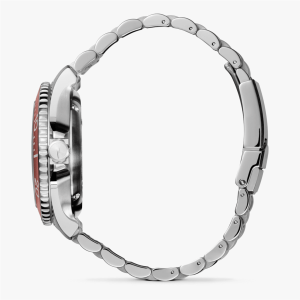 Sleek stainless steel wristwatch with a sporty red bezel and comfortable bracelet design.