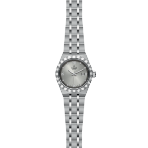 Elegant Tudor stainless steel watch with Roman numerals and diamond indicators for luxury style.