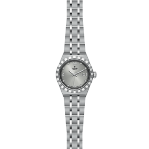 Elegant stainless steel watch with a silver dial, Roman numerals, and diamond-like hour markers.