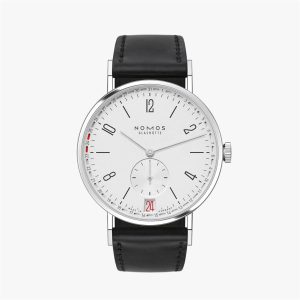 Elegant NOMOS Glashütte wristwatch with minimalist design, stainless steel case, and black leather strap.