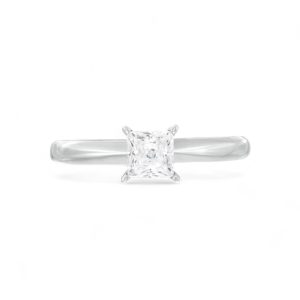 Elegant princess-cut diamond engagement ring in polished white gold or platinum band.
