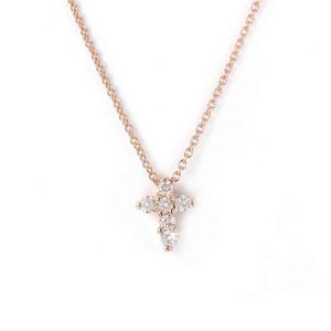 Rose gold cross necklace with sparkling stones, perfect for elegant and meaningful jewelry.
