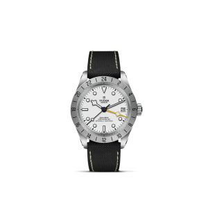 Elegant Tudor watch with stainless steel case, black strap, and luminous white dial.