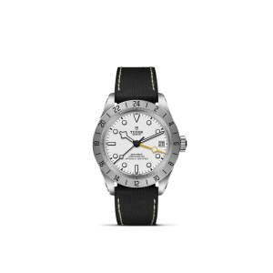 Elegant Tudor watch with stainless steel case, black strap, and luminous white dial.