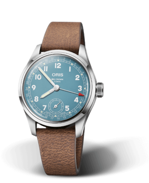 Elegant Oris watch with light blue dial, stainless steel case, and brown leather strap.