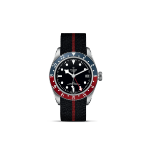 Stylish stainless steel watch with black face, bi-color bezel, and sporty fabric strap.