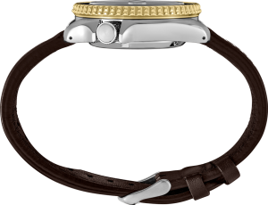 Elegant silver and gold watch with brown leather strap, showcasing fine craftsmanship and timeless design.