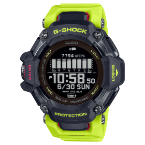 Rugged G-SHOCK watch in black and neon green with solar power, step tracking, and multiple features.