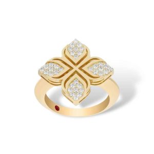 Elegant yellow gold floral ring with diamonds and a red gemstone for a stunning look.