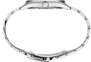 Elegant stainless steel wristwatch features a polished round case and classic bracelet design.