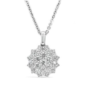 Elegant silver starburst pendant necklace with sparkling gemstones for luxury and sophistication.