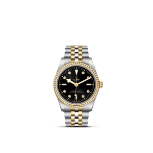 Luxury two-tone watch with diamond markers and a black dial for elegant timekeeping.