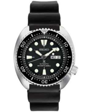 Durable Seiko automatic divers watch featuring a black dial, unidirectional bezel, and rubber strap.