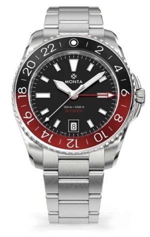 Monta Skyquest watch featuring a black dial, luminous markers, and a stylish bi-directional bezel.