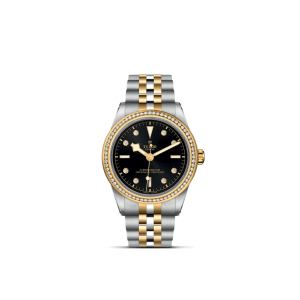 Elegant Tudor watch with black dial, gold accents, and luxurious diamond hour markers.