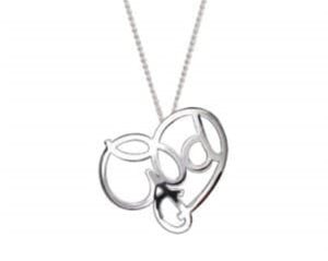 Stylish silver pendant featuring interwoven letters c, p, and d on a delicate chain.