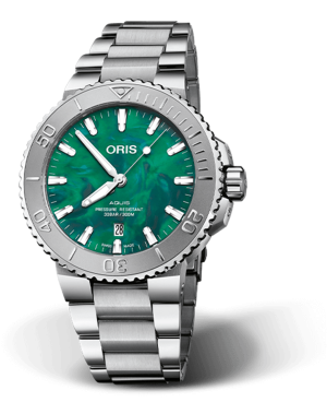 Oris Aquis diver watch features a bold green dial and durable stainless steel design.