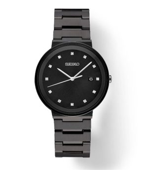 Elegant black Seiko wristwatch with diamond markers and date display for modern style.
