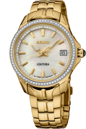 Elegant Seiko Coutura gold-tone watch with mother-of-pearl dial and crystal bezel.