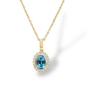 Elegant blue gemstone pendant with diamond halo on a gold chain, perfect for any occasion.
