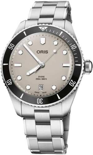 Oris diving watch features a stainless steel design, luminous dial, and 200-meter water resistance.