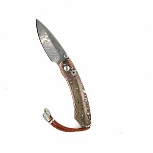 Exquisite Damascus steel knife with a dark wood handle and braided leather strap.