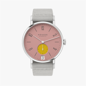 Modern stainless steel watch with pink dial, yellow subdial, and grey fabric strap.