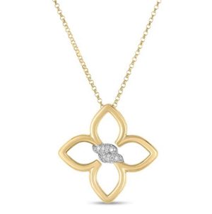 Elegant yellow gold four-leaf clover necklace with shimmering gemstones, perfect for any occasion.
