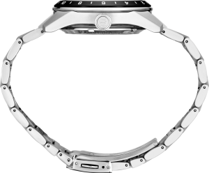 Stylish stainless steel wristwatch with black bezel, intricate dial, and flexible link bracelet.