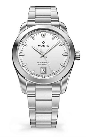 Sleek Monta stainless steel watch with minimalist design, white dial, and water resistance feature.