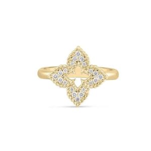 Elegant gold ring with floral design and sparkling diamonds, perfect for any occasion.