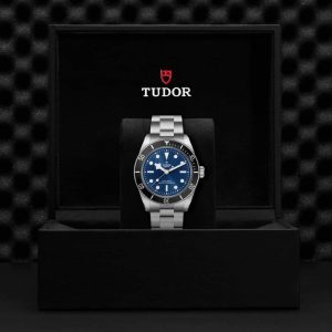 Luxury Tudor divers watch in elegant box with blue dial and stainless steel design.