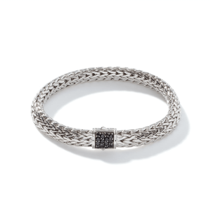 Elegant woven metallic bracelet with a polished finish and black stone accents for sophisticated style.