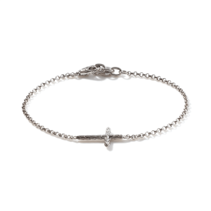 Elegant silver bracelet with interlocking chain and twisted bar, perfect for any occasion.