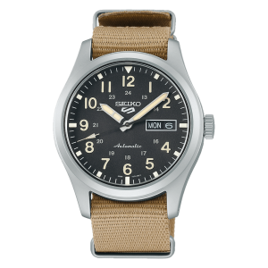 Classic Seiko automatic watch with black dial and rugged beige canvas strap.