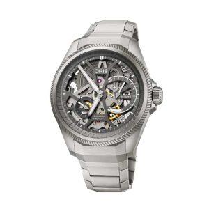 Modern Oris titanium wristwatch with skeleton dial showcases intricate design and ten-day power reserve.