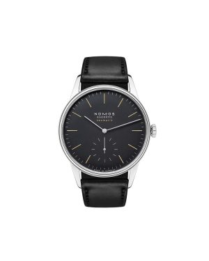 Elegant NOMOS Glashütte watch with black dial, luminous markers, and stainless steel case.