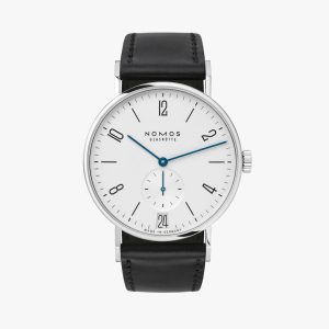 NOMOS Glashütte minimalist wristwatch with elegant design, black leather strap, and blue second hand.
