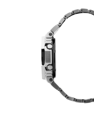 Sleek modern stainless steel wristwatch with multi-function buttons and an elegant interlocking bracelet.