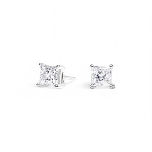 Elegant princess-cut crystal earrings in polished white metal, perfect for any occasion.