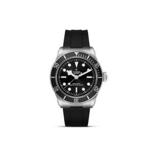 Tudor dive watch with black dial, stainless steel case, and rubber strap for durability and style.