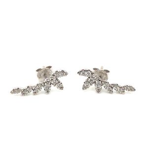 Elegant botanical-inspired earrings with sparkling stones in sterling silver or white gold.