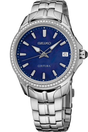 Elegant Seiko Coutura watch with blue dial, crystal bezel, and polished stainless steel bracelet.