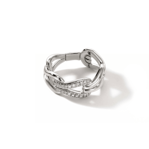 Elegant silver ring with intertwined design and sparkling stones for modern jewelry lovers.