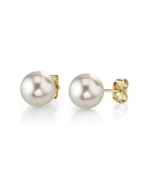 Elegant yellow gold pearl stud earrings with lustrous silvery-white pearls and a classic design.