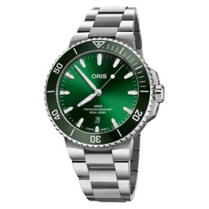 Oris Aquis dive watch with deep green dial, stainless steel case, and 300-meter water resistance.