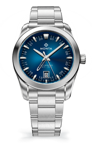 Monta wristwatch features a blue gradient dial, stainless steel bracelet, and practical date window.