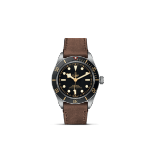 Tudor dive watch with stainless steel case and leather strap, blending elegance and durability.