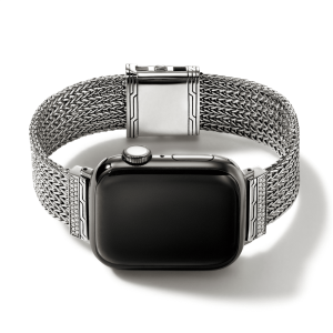 Sleek smartwatch with a minimalistic design, woven metal strap, and functional buttons.